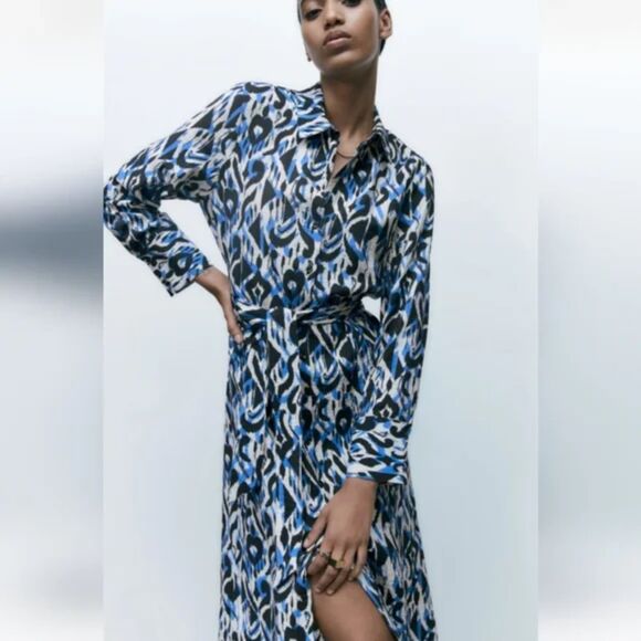 Zara Midi Shirt Dress Women M Blue Black Long Sleeve Abstract Artsy Blogger Fave - Picture 9 of 10